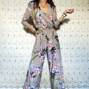 Vtg 90s Does 70s Tropical Floral Wide Leg Playsuit